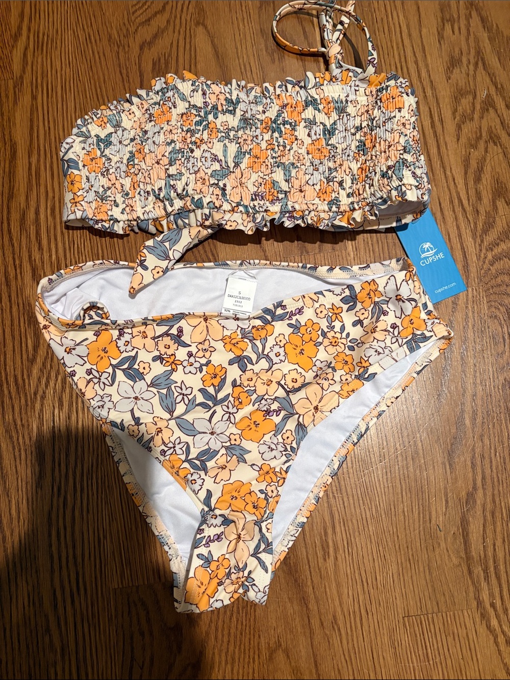 Cupshe Peach and White Floral Smocked Bandeau Bikini